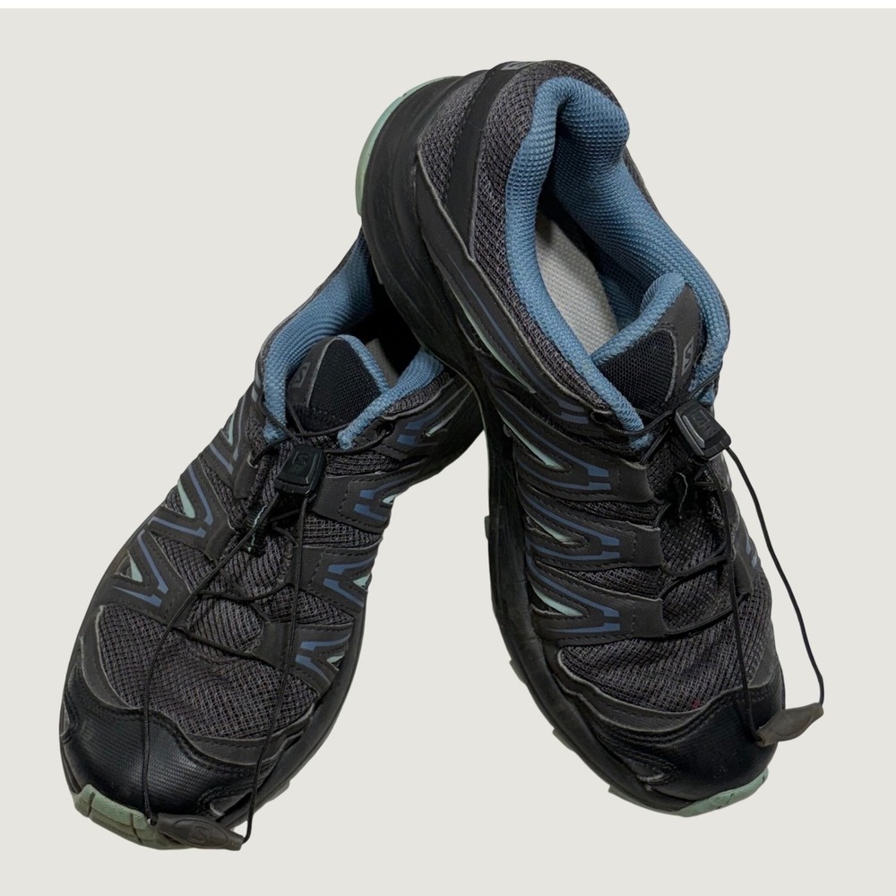 Salomon Trail Running Shoes Womens 8 Black Blue 407439 Quicklace Hiking Gorpcore